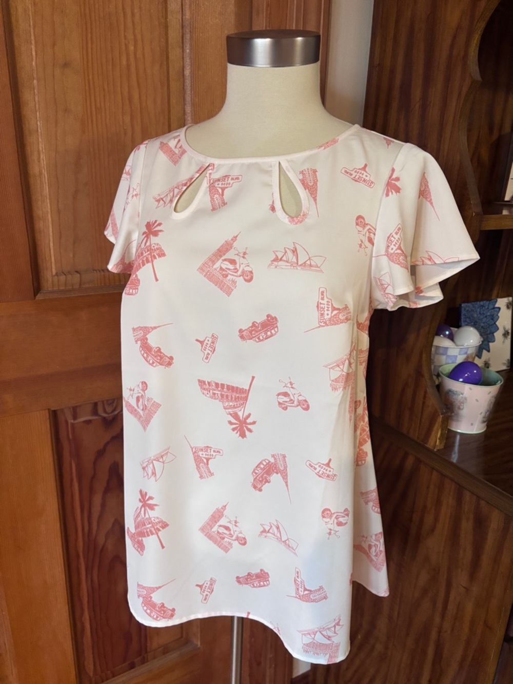 ModCloth Cream Top with Coral Travel Print S